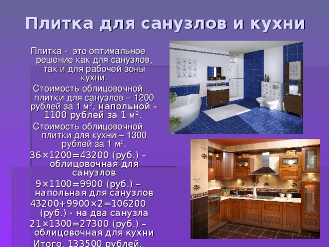 Плитка для санузлов и кухни Плитка - это оптимальное решение как для санузлов, так и для рабочей зоны кухни. Стоимость облицовочной плитки для санузлов – 1200 рублей за 1 м ² , напольной – 1100 рублей за 1 м ² . Стоимость облицовочной плитки для кухни – 1300 рублей за 1 м ² . 36 × 1200=43200 (руб.) – облицовочная для санузлов 9 × 1100=9900 (руб.) – напольная для санузлов 43200+9900 × 2=106200 (руб.) - на два санузла 21 × 1300=27300 (руб.) – облицовочная для кухни Итого, 133500 рублей. 