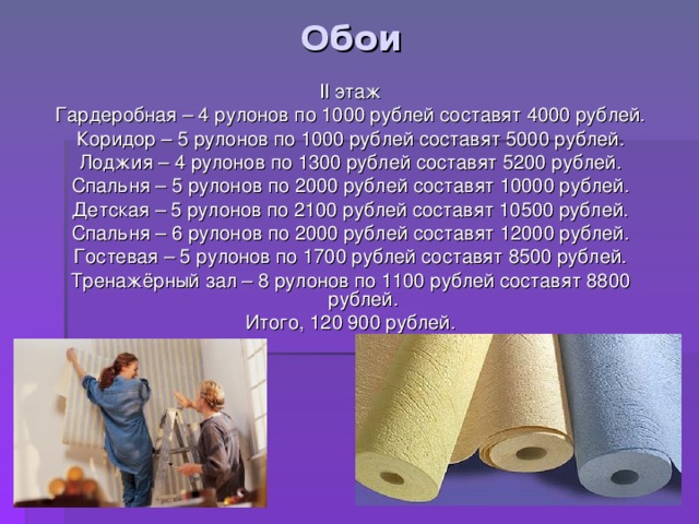 Обои II этаж Гардеробная – 4 рулонов по 1000 рублей составят 4000 рублей. Коридор – 5 рулонов по 1000 рублей составят 5000 рублей. Лоджия – 4 рулонов по 1300 рублей составят 5200 рублей. Спальня – 5 рулонов по 2000 рублей составят 10000 рублей. Детская – 5 рулонов по 2100 рублей составят 10500 рублей. Спальня – 6 рулонов по 2000 рублей составят 12000 рублей. Гостевая – 5 рулонов по 1700 рублей составят 8500 рублей. Тренажёрный зал – 8 рулонов по 1100 рублей составят 8800 рублей. Итого, 120 900 рублей. 