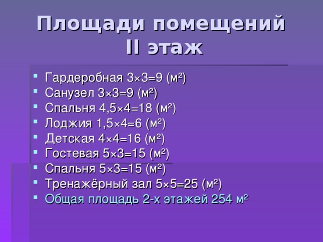 Площади помещений  II этаж Гардеробная 3 × 3= 9 (м ² ) Санузел 3 × 3= 9 (м ² ) Спальня 4,5 × 4=18 (м ² ) Лоджия 1,5 × 4=6 (м ² ) Детская 4 × 4=16 (м ² ) Гостевая 5 × 3=15 (м ² ) Спальня 5 × 3=15 (м ² ) Тренажёрный зал 5 × 5=25 (м ² ) Общая площадь 2-х этажей 254 м ²  