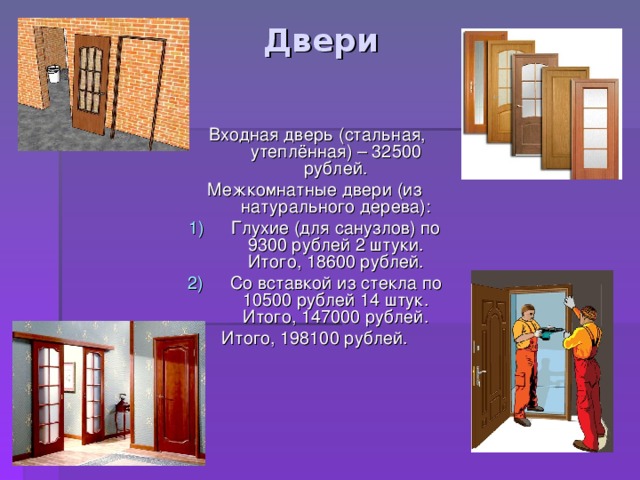 Двери  Входная дверь (стальная, утеплённая) – 32500 рублей. Межкомнатные двери (из натурального дерева): Глухие (для санузлов) по 9300 рублей 2 штуки. Итого, 18600 рублей. Со вставкой из стекла по 10500 рублей 14 штук. Итого, 147000 рублей. Итого, 198100 рублей. 