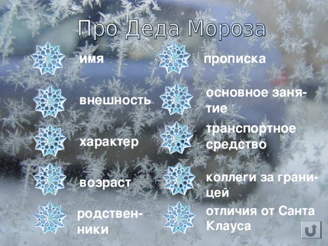 имя прописка основное заня-тие внешность транспортное средство характер коллеги за грани-цей возраст отличия от Санта Клауса родствен-ники 