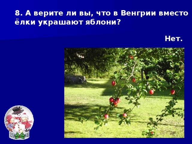 8. А верите ли вы, что в Венгрии вместо ёлки украшают яблони? Нет. 