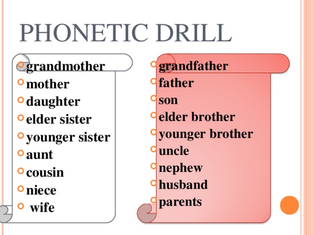 PHONETIC DRILL grandmother mother daughter elder sister younger sister aunt cousin niece  wife   grandfather father son elder brother younger brother uncle nephew husband parents   