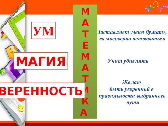 М А Т Е М А Т И К А УМ Заставляет меня думать,  самосовершенствоваться МАГИЯ Учит удивлять Желаю быть уверенной в правильности выбранного  пути УВЕРЕННОСТЬ 