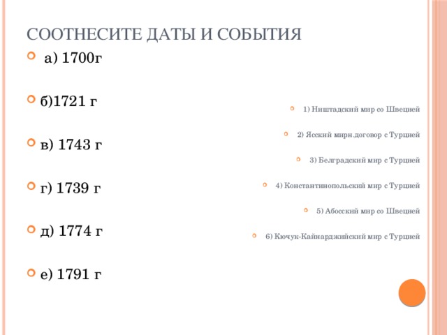 Соотнесите даты и события  а) 1700г 1) Ништадский мир со Швецией б)1721 г 2) Ясский мирн.договор с Турцией 3) Белградский мир с Турцией в) 1743 г 4) Константинопольский мир с Турцией г) 1739 г 5) Абосский мир со Швецией д) 1774 г е) 1791 г 6) Кючук-Кайнарджийский мир с Турцией 