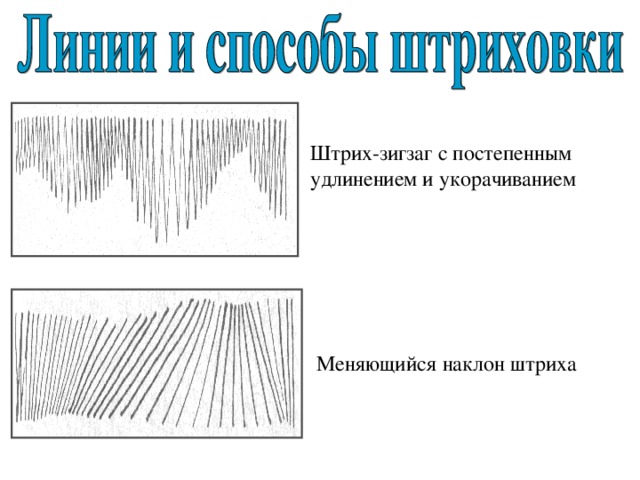 Штрих-зигзаг с постепенным удлинением и укорачиванием Меняющийся наклон штриха 