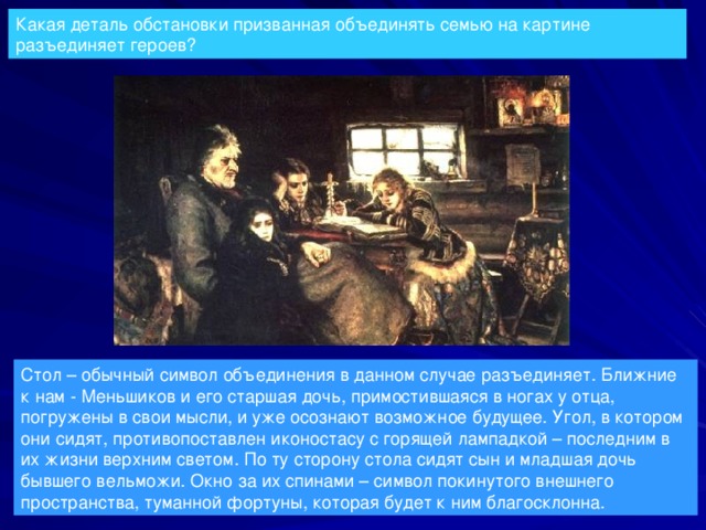 Какая деталь обстановки призванная объединять семью на картине разъединяет героев? Стол – обычный символ объединения в данном случае разъединяет. Ближние к нам - Меньшиков и его старшая дочь, примостившаяся в ногах у отца, погружены в свои мысли, и уже осознают возможное будущее. Угол, в котором они сидят, противопоставлен иконостасу с горящей лампадкой – последним в их жизни верхним светом. По ту сторону стола сидят сын и младшая дочь бывшего вельможи. Окно за их спинами – символ покинутого внешнего пространства, туманной фортуны, которая будет к ним благосклонна. 