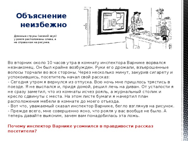   Объяснение неизбежно Длинные струны (низкий звук) у рояля расположены слева, а не справа как на рисунке. Во вторник около 10 часов утра в комнату инспектора Варнике ворвался незнакомец. Он был крайне возбужден. Руки его дрожали, взъерошенные волосы торчали во все стороны. Через несколько минут, закурив сигарету и успокоившись, посетитель начал свой рассказ:  - Сегодня утром я вернулся из отпуска. Всю ночь мне пришлось трястись в поезде. Я не выспался и, придя домой, решил лечь на диван. От усталости я не сразу заметил, что из комнаты исчез рояль, а журнальный столик и кресло сдвинуты с места. На этом листе бумаги я начертил план расположения мебели в комнате до моего отъезда.  - Вот что, уважаемый сказал инспектор Варнике, бегло взглянув на рисунок. - Прежде всего, мне совершенно ясно, что рояля у вас вообще не было. А теперь давайте выясним, зачем вам понадобилась эта ложь.   Почему инспектор Варнике усомнился в правдивости рассказ посетителя? 