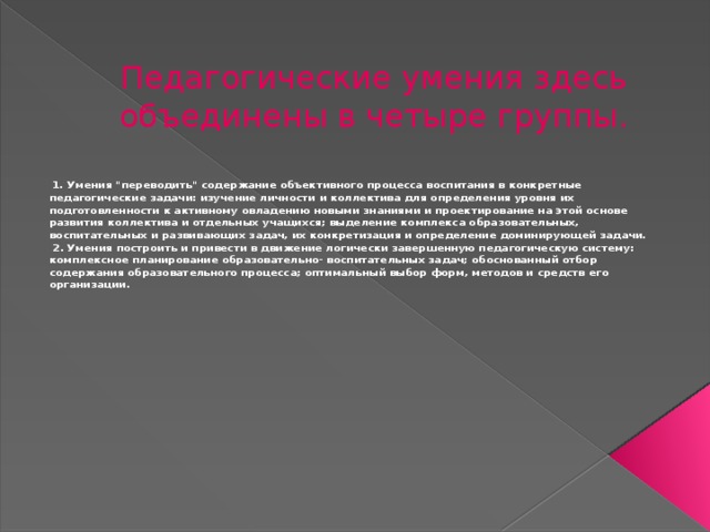 Педагогические умения здесь объединены в четыре группы.    1. Умения 