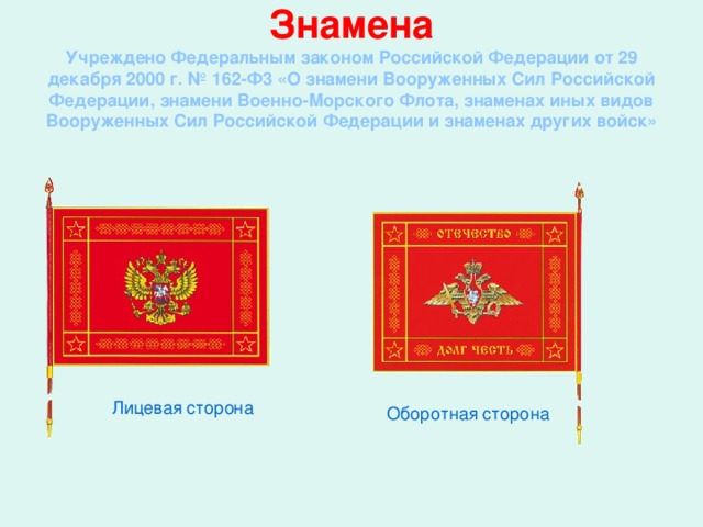 Знамена  Учреждено Федеральным законом Российской Федерации от 29 декабря 2000 г. № 162-Ф3 «О знамени Вооруженных Сил Российской Федерации, знамени Военно-Морского Флота, знаменах иных видов Вооруженных Сил Российской Федерации и знаменах других войск» Лицевая сторона  Оборотная сторона   