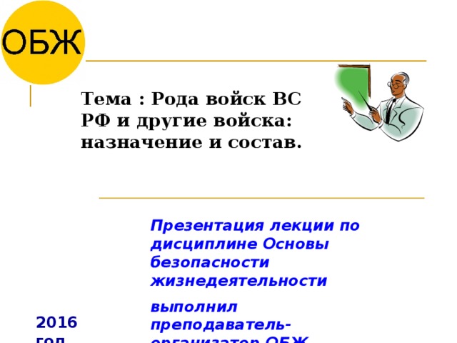 Тема : Рода войск ВС РФ и другие войска: назначение и состав.   Презентация лекции по дисциплине Основы безопасности жизнедеятельности выполнил преподаватель-организатор ОБЖ Ларчев О.И. 2016 год 
