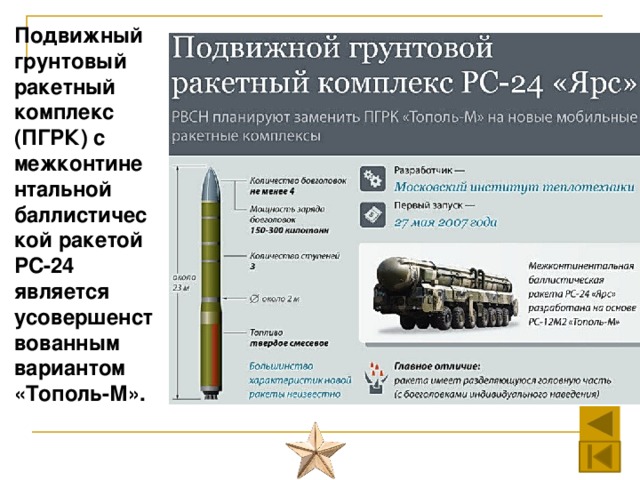 Подвижный грунтовый ракетный комплекс (ПГРК) с межконтинентальной баллистической ракетой РС-24 является усовершенствованным вариантом «Тополь-М».    