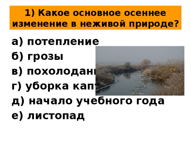 1) Какое основное осеннее изменение в неживой природе? а) потепление б) грозы в) похолодание г) уборка капусты д) начало учебного года е) листопад 