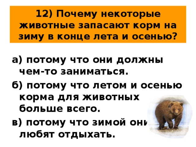 12) Почему некоторые животные запасают корм на зиму в конце лета и осенью? а) потому что они должны чем-то заниматься. б) потому что летом и осенью корма для животных больше всего. в) потому что зимой они любят отдыхать. 