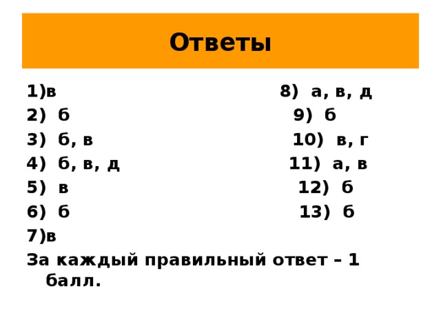 Ответы в 8) а, в, д 2) б 9) б 3) б, в 10) в, г 4) б, в, д 11) а, в 5) в 12) б 6) б 13) б в За каждый правильный ответ – 1 балл. 