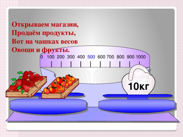 Открываем магазин, Продаём продукты, Вот на чашках весов Овощи и фрукты. 0 100 200 300 400 500 600 700 800 900 1000                   10кг 