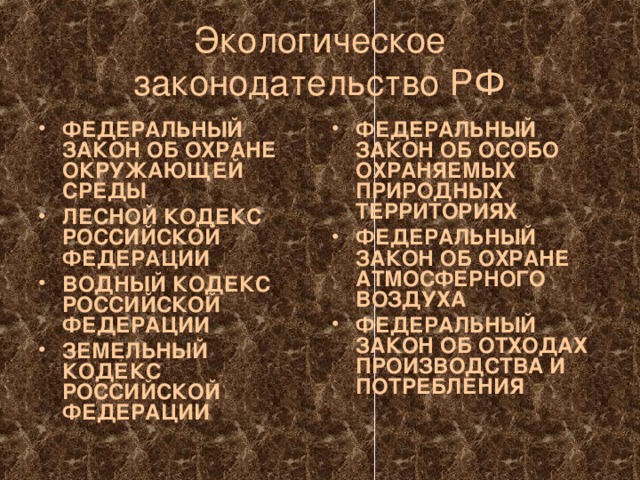 Экологическое законодательство РФ ФЕДЕРАЛЬНЫЙ ЗАКОН ОБ ОХРАНЕ ОКРУЖАЮЩЕЙ СРЕДЫ ЛЕСНОЙ КОДЕКС РОССИЙСКОЙ ФЕДЕРАЦИИ ВОДНЫЙ КОДЕКС РОССИЙСКОЙ ФЕДЕРАЦИИ ЗЕМЕЛЬНЫЙ КОДЕКС РОССИЙСКОЙ ФЕДЕРАЦИИ ФЕДЕРАЛЬНЫЙ ЗАКОН ОБ ОСОБО ОХРАНЯЕМЫХ ПРИРОДНЫХ ТЕРРИТОРИЯХ ФЕДЕРАЛЬНЫЙ ЗАКОН ОБ ОХРАНЕ АТМОСФЕРНОГО ВОЗДУХА ФЕДЕРАЛЬНЫЙ ЗАКОН ОБ ОТХОДАХ ПРОИЗВОДСТВА И ПОТРЕБЛЕНИЯ  