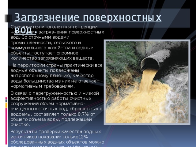 Загрязнение поверхностных вод. Сохраняется многолетняя тенденции нарастания загрязнения поверхностных вод. Со сточными водами промышленности, сельского и коммунального хозяйства и водные объекты поступает огромное количество загрязняющих веществ. На территории страны практически все водные объекты подвержены антропогенному влиянию, качество воды большинства из них не отвечает нормативным требованиям. В связи с перегруженностью и низкой эффективностью работы очистных сооружений объем нормативно-очищенных сточных вод, сброшенных в водоемы, составляет только 8,7% от общего объема воды, подлежащей очистке. Результаты проверки качества водных источников показали: только12% обследованных водных объектов можно отнести к условно чистым (фоновым); 32% - находятся в состояний антропогенного экологического напряжения (умеренно загрязненные); 56% - являются загрязненными годными объектами. 
