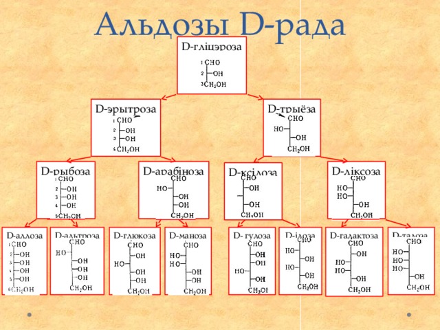 Альдозы D-рада D-гліцэроза D-трыёза D-эрытроза D-ліксоза D-рыбоза D-арабіноза D-ксілоза D-маноза D-галактоза D-талоза  D-ідоза D-глюкоза D- гулоза D-альтроза D-аллоза 