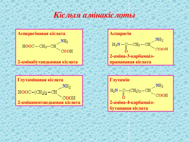 Кіслыя амінакіслоты Аспарагінавая кіслата Аспарагін        2-аміна-3-карбамаіл- прапанавая кіслата 2-амінабутандыовая кіслата Глутамінавая кіслата Глутамін       2-амінапентандыовая кіслата 2-аміна-4-карбамаіл- бутанавая кіслата 
