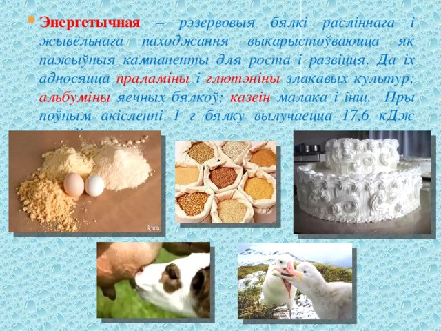 Энергетычная – рэзервовыя бялкі расліннага і жывёльнага паходжання выкарыстоўваюцца як пажыўныя кампаненты для роста і развіцця. Да іх адносяцца праламіны і глютэніны злакавых культур; альбуміны яечных бялкоў; казеін малака і інш. Пры поўным акісленні 1 г бялку вылучаецца 17,6 кДж энергіі. 