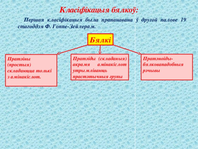 Класіфікацыя бялкоў:  Першая класіфікацыя была прапанавана ў другой палове 19 стагоддзя Ф. Гоппе-Зейлерам. Бялкі Пратэіды (складаныя) акрамя амінакіслот утрымліваюць Пратэноіды-бялковападобныя прастэтычныя групы рэчывы Пратэіны (простыя) складаюцца толькі з амінакіслот.  