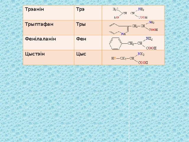 Трэанін Трэ Трыптафан Тры Фенілаланін Фен Цыстэін Цыс 