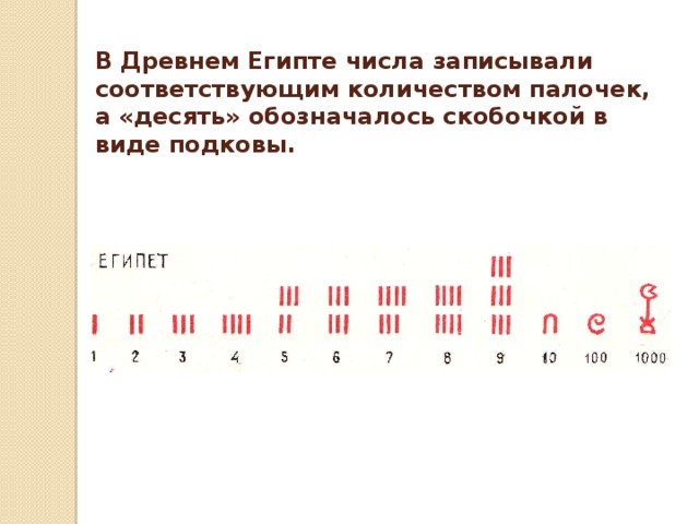 В Древнем Египте числа записывали соответствующим количеством палочек, а «десять» обозначалось скобочкой в виде подковы.  