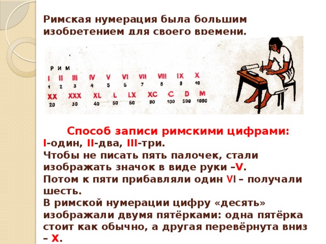 Римская нумерация была большим изобретением для своего времени. Способ записи римскими цифрами: I -один, II -два, III -три. Чтобы не писать пять палочек, стали изображать значок в виде руки – V . Потом к пяти прибавляли один V I – получали шесть. В римской нумерации цифру «десять» изображали двумя пятёрками: одна пятёрка стоит как обычно, а другая перевёрнута вниз – X . 