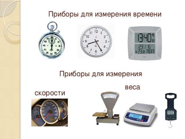 Приборы для измерения времени Приборы для измерения веса скорости 