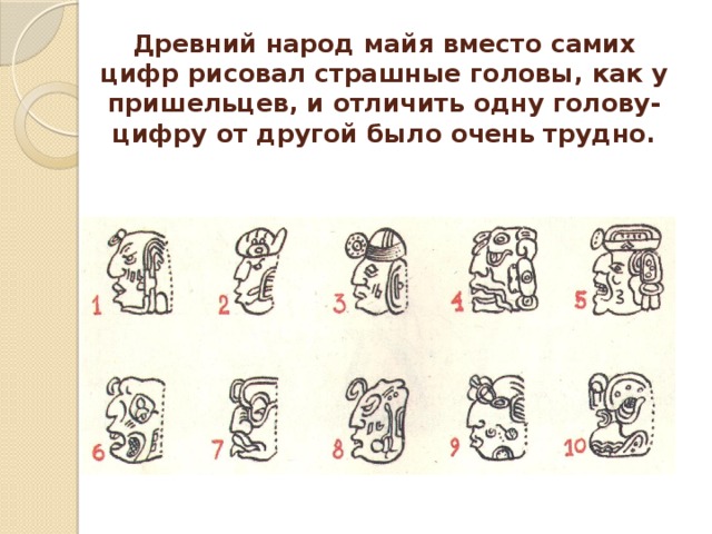 Древний народ майя вместо самих цифр рисовал страшные головы, как у пришельцев, и отличить одну голову-цифру от другой было очень трудно. 