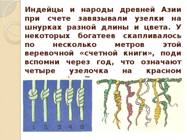 Индейцы и народы древней Азии при счете завязывали узелки на шнурках разной длины и цвета. У некоторых богатеев скапливалось по несколько метров этой веревочной «счетной книги», поди вспомни через год, что означают четыре узелочка на красном шнурочке! Поэтому того, кто завязывал узелки, называли вспоминателем. 