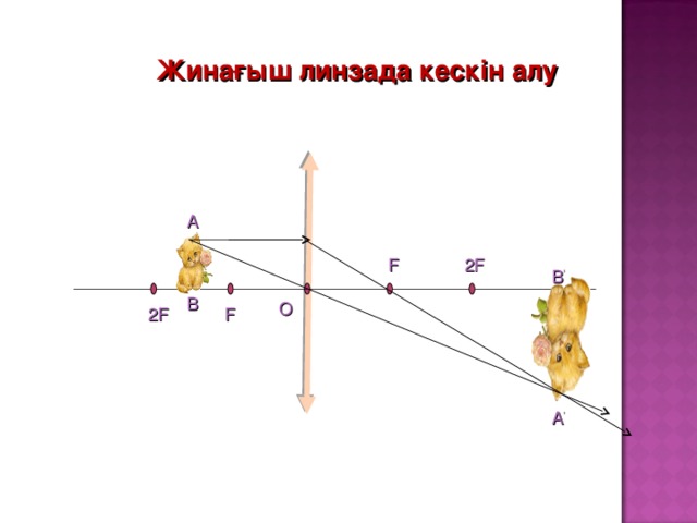 Жинағыш линзада кескін алу А F 2F B ’ В O F 2F А ’ 