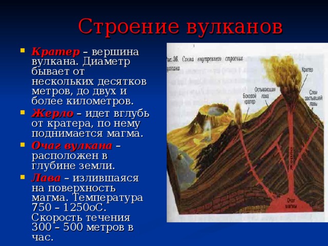 Строение вулканов Кратер  – вершина вулкана. Диаметр бывает от нескольких десятков метров, до двух и более километров. Жерло – идет вглубь от кратера, по нему поднимается магма. Очаг вулкана – расположен в глубине земли. Лава – излившаяся на поверхность магма. Температура 750 – 1250оС. Скорость течения 300 – 500 метров в час.   