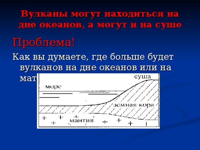 Вулканы могут находиться на дне океанов, а могут и на суше Проблема! Как вы думаете, где больше будет вулканов на дне океанов или на материке? 