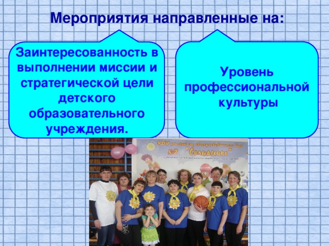 Мероприятия направленные на: Заинтересованность в выполнении миссии и стратегической цели детского образовательного учреждения. Уровень профессиональной культуры 