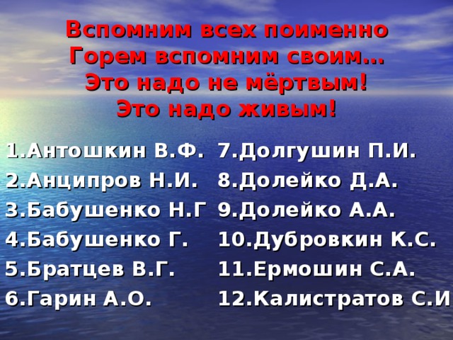 Вспомним всех поименно  Горем вспомним своим…  Это надо не мёртвым!  Это надо живым! 1.Антошкин В.Ф. 2.Анципров Н.И. 3.Бабушенко Н.Г 4.Бабушенко Г. 5.Братцев В.Г. 6.Гарин А.О.  7.Долгушин П.И. 8.Долейко Д.А. 9.Долейко А.А. 10.Дубровкин К.С. 11.Ермошин С.А. 12.Калистратов С.И. 