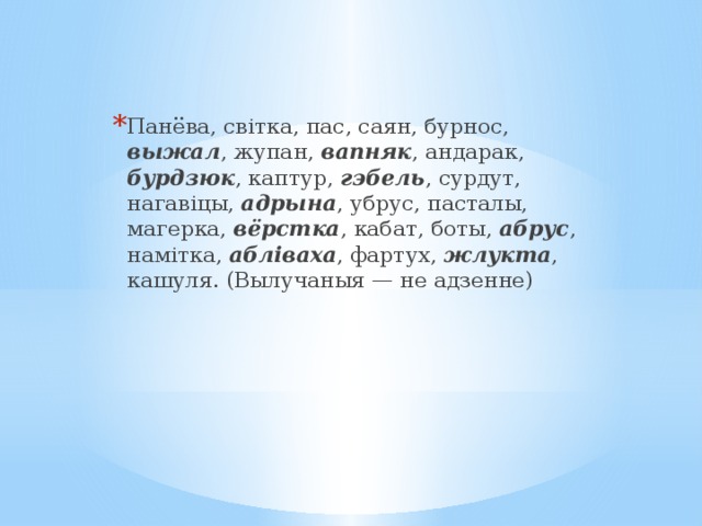 Панёва, світка, пас, саян, бурнос, выжал , жупан, вапняк , андарак, бурдзюк , каптур, гэбель , сурдут, нагавіцы, адрына , убрус, пасталы, магерка, вёрстка , кабат, боты, абрус , намітка, абліваха , фартух, жлукта , кашуля. (Вылучаныя — не адзенне) 