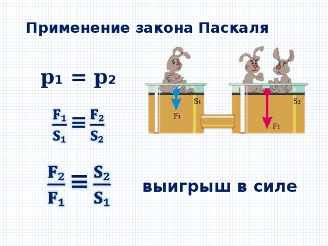 Применение закона Паскаля 𝐩₁ = 𝐩₂  =    =   выигрыш в силе 