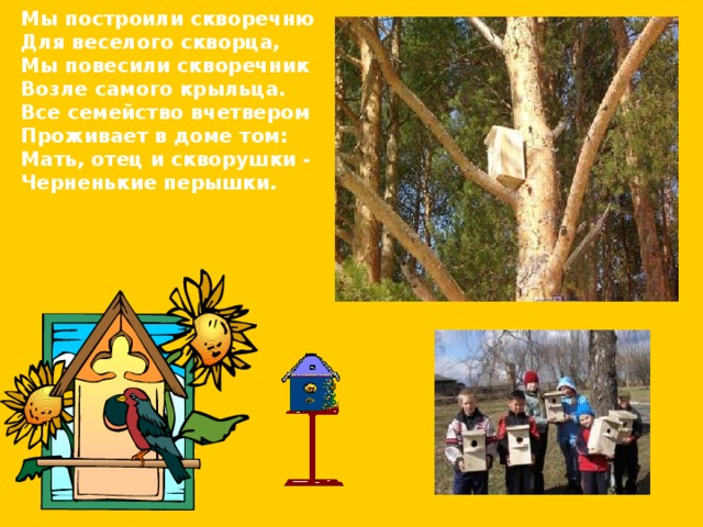 Мы построили скворечню  Для веселого скворца,  Мы повесили скворечник  Возле самого крыльца.  Все семейство вчетвером  Проживает в доме том:  Мать, отец и скворушки -  Черненькие перышки. 