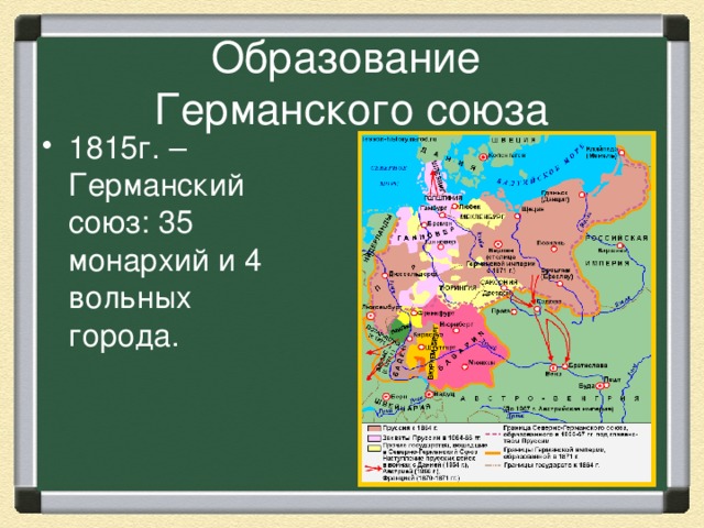 Образование  Германского союза 1815г. – Германский союз: 35 монархий и 4 вольных города. 