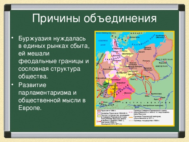 Причины объединения Буржуазия нуждалась в единых рынках сбыта, ей мешали феодальные границы и сословная структура общества. Развитие парламентаризма и общественной мысли в Европе. 