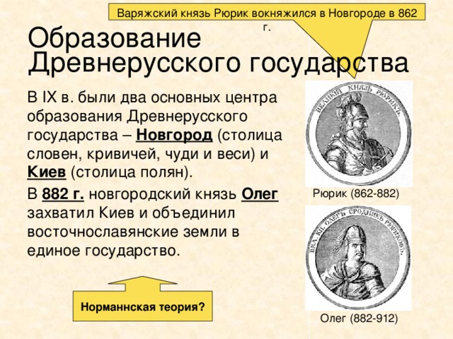 Варяжский князь Рюрик вокняжился в Новгороде в 862 г. Образование  Древнерусского государства В IX в. были два основных центра образования Древнерусского государства – Новгород (столица словен, кривичей, чуди и веси) и Киев (столица полян). В 882 г. новгородский князь Олег захватил Киев и объединил восточнославянские земли в единое государство. Рюрик (862-882) Норманнская теория? Олег (882-912) 