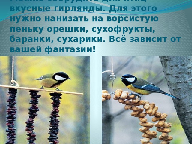 Можно соорудить для птиц вкусные гирлянды. Для этого нужно нанизать на ворсистую пеньку орешки, сухофрукты, баранки, сухарики. Всё зависит от вашей фантазии! 