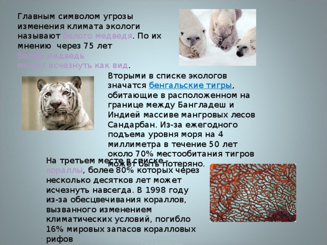 Главным символом угрозы изменения климата экологи называют белого медведя . По их мнению через 75 лет белый медведь  может исчезнуть как вид . Вторыми в списке экологов значатся бенгальские тигры , обитающие в расположенном на границе между Бангладеш и Индией массиве мангровых лесов Сандарбан. Из-за ежегодного подъема уровня моря на 4 миллиметра в течение 50 лет около 70% местообитания тигров может быть потеряно. На третьем месте в списке - кораллы , более 80% которых через несколько десятков лет может исчезнуть навсегда. В 1998 году из-за обесцвечивания кораллов, вызванного изменением климатических условий, погибло 16% мировых запасов коралловых рифов 