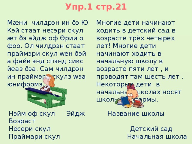 Упр.1 стр.21 Многие дети начинают ходить в детский сад в возрасте трёх четырех лет! Многие дети начинают ходить в начальную школу в возрасте пяти лет , и проводят там шесть лет . Некоторые дети в начальных школах носят школьные формы. Мæни чилдрэн ин ðэ Ю Кэй стаат нёсэри скул æт ðэ эйдж оф Ɵрии о фоо. Ол чилдрэн стаат праймэри скул wен ðэй а файв энд спэнд сикс йеаз ðэа. Сам чилдрэн ин праймэри скулз wэа юнифоомз. Нэйм оф скул  Эйдж Название школы Возраст  Нёсери скул Детский сад Праймари скул Начальная школа 