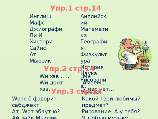 Упр.1 стр.14 Инглиш Английский Математика Мафс География Джиографи Пи И Физкультура Хистори История Сайнс Наука Ат Рисование Мьюзик Музыка  Упр.2 стр.14 Wи хэв … . Мы имеем…. Wи донт хэв…. У нас нет… 7 Упр.3 стр.14 Wотс ё фэворит сабджект. Какой твой любимый предмет? Ат. Wот эбаут ю? Рисование. А у тебя? Ай лайк Мьюзик. Я люблю музыку.  