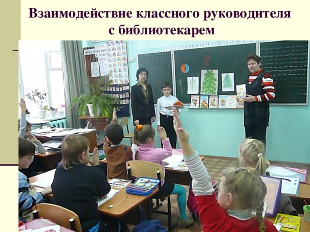 Взаимодействие классного руководителя  с библиотекарем Подбор материала к классным часам Знакомство с новыми поступлениями периодических изданий Выступление на классных часах Организация выездных книжных выставок  