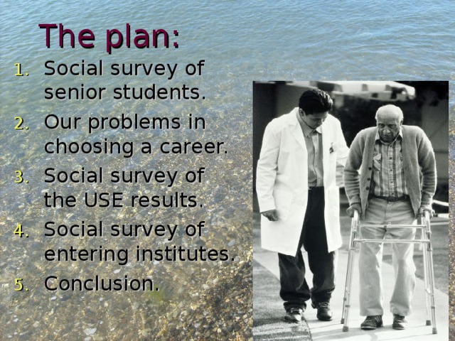 The plan: Social survey of senior students. Our problems in choosing a career. Social survey of the USE results. Social survey of entering institutes. Conclusion. 
