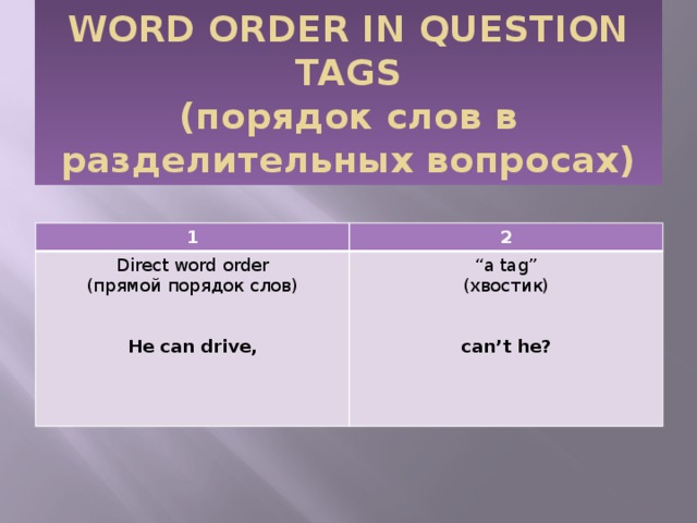 WORD ORDER IN QUESTION TAGS  (порядок слов в разделительных вопросах) 1 Direct word order 2 (прямой порядок слов) “ a tag” (хвостик) He can drive, can’t he? 